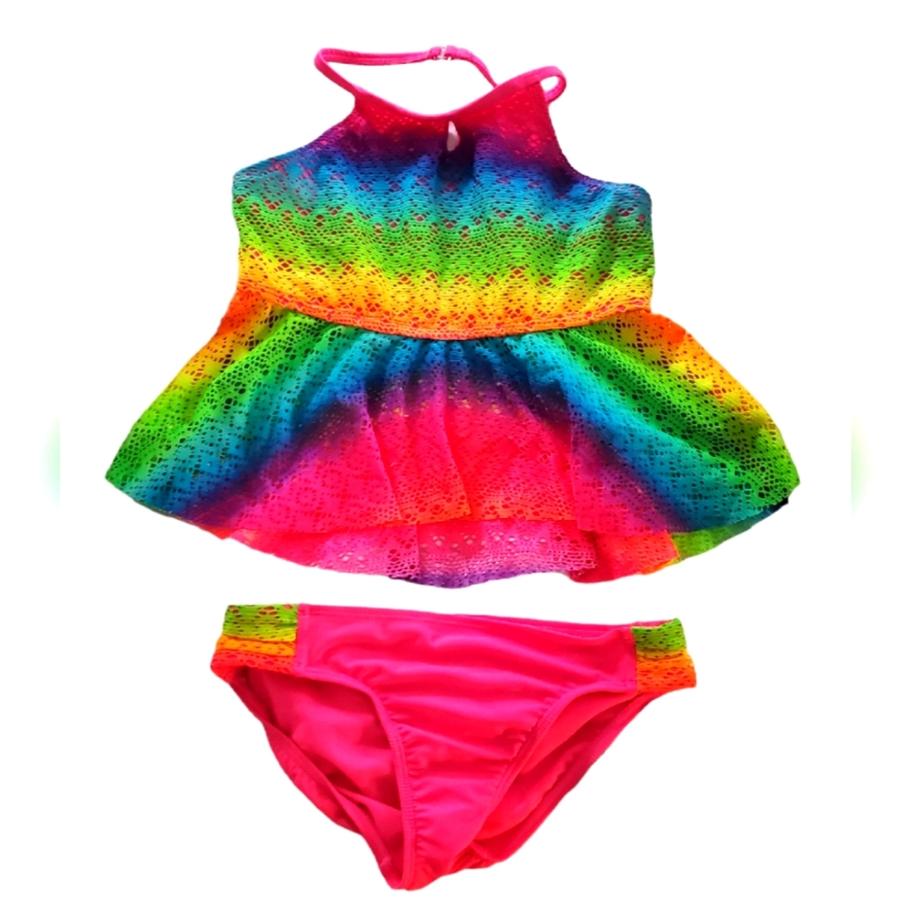 Wonder Nation Girls Bright Colorful Rainbow Colored Mesh Tankini Size L‎ 11/12